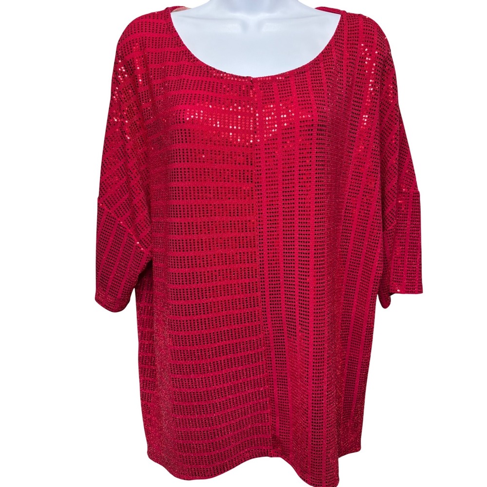 NWT JM COLLECTION Womens Red Sequin Tunic Top XL 3/4 Dolman Sleeve Liza Minelli